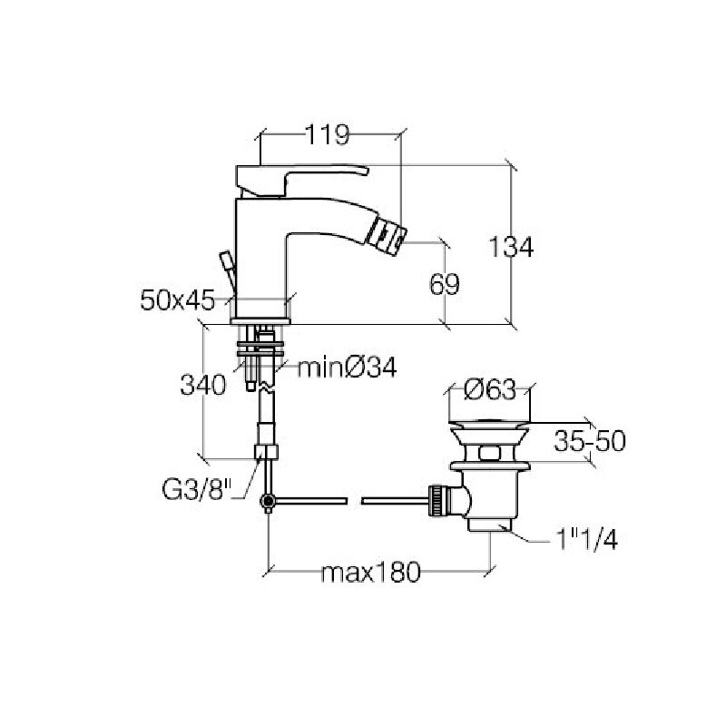 Bidet Mixer with Pop - up Waste - Crui Series - 54214 - Waiheke Bathrooms